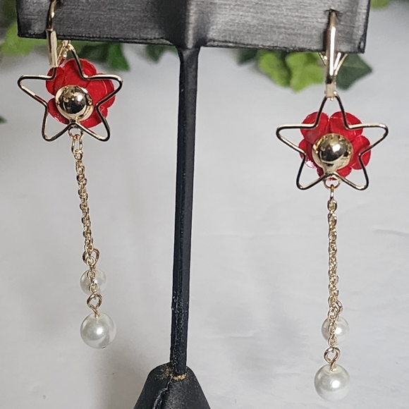 Gold with Velvet Red Rose Flower and Pearls Danglr Drop Earrings - Picture 7 of 9